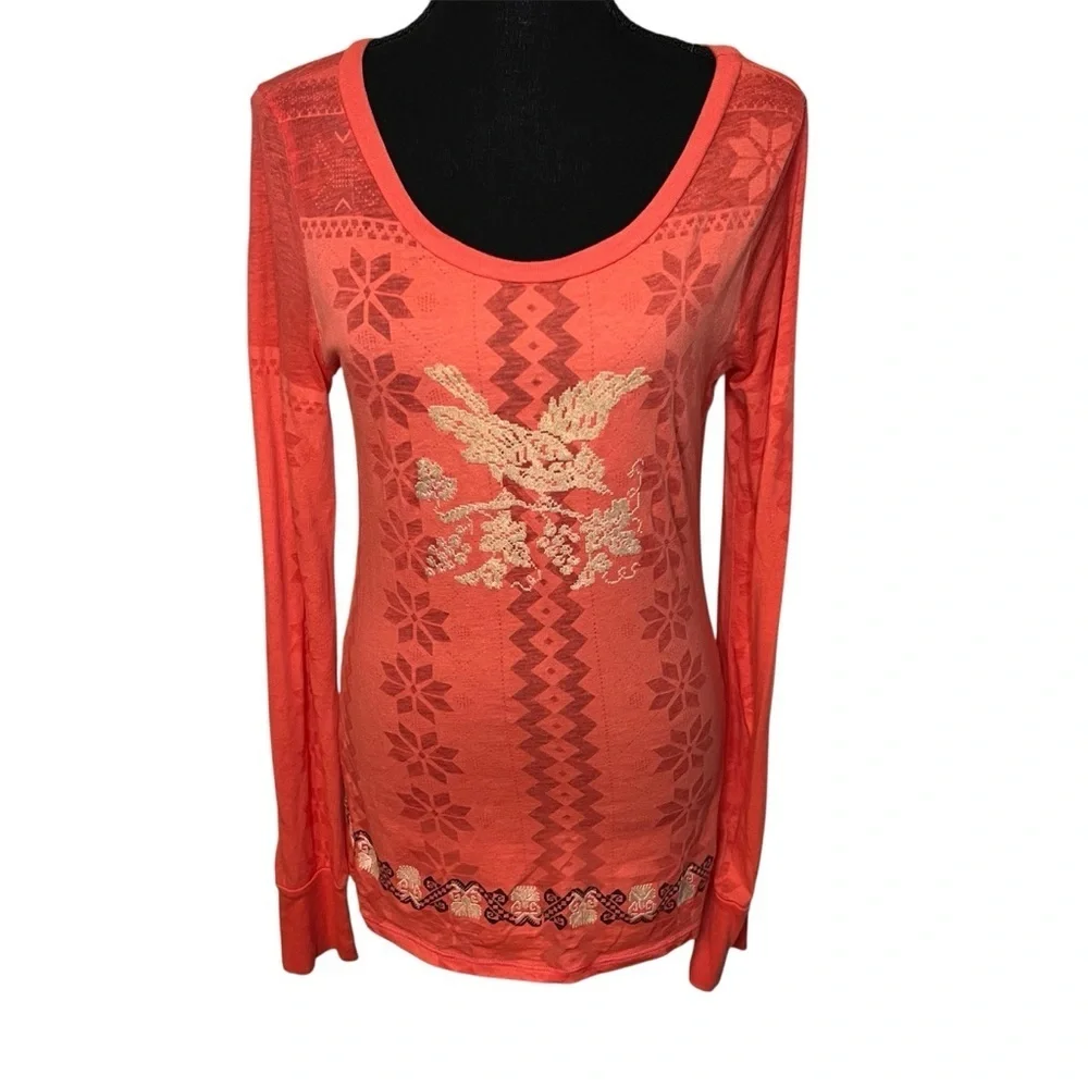 Free People Y2K 2 Tone Orange Long Sleeve Aztec Bird Shirt Sz L Southwest Boho